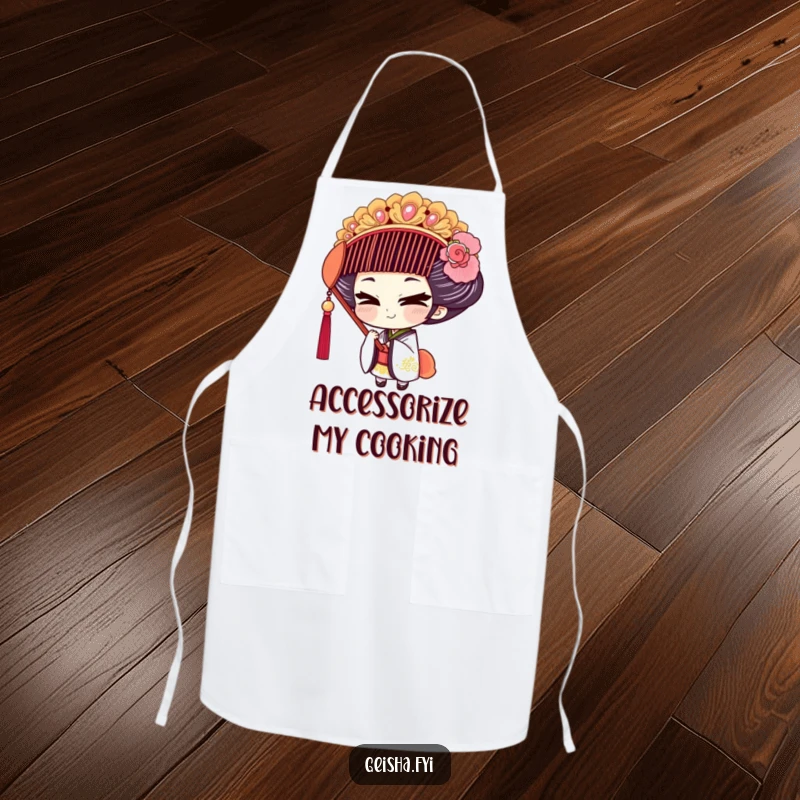 Funny Geisha Apron: A geisha character with a mischievous smile tries on an oversized, ornate comb.