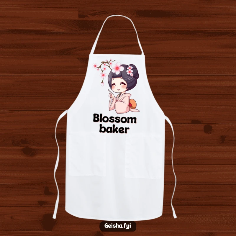Funny geisha apron, a geisha with a wide smile points at a falling cherry blossom, adding joy to cooking.