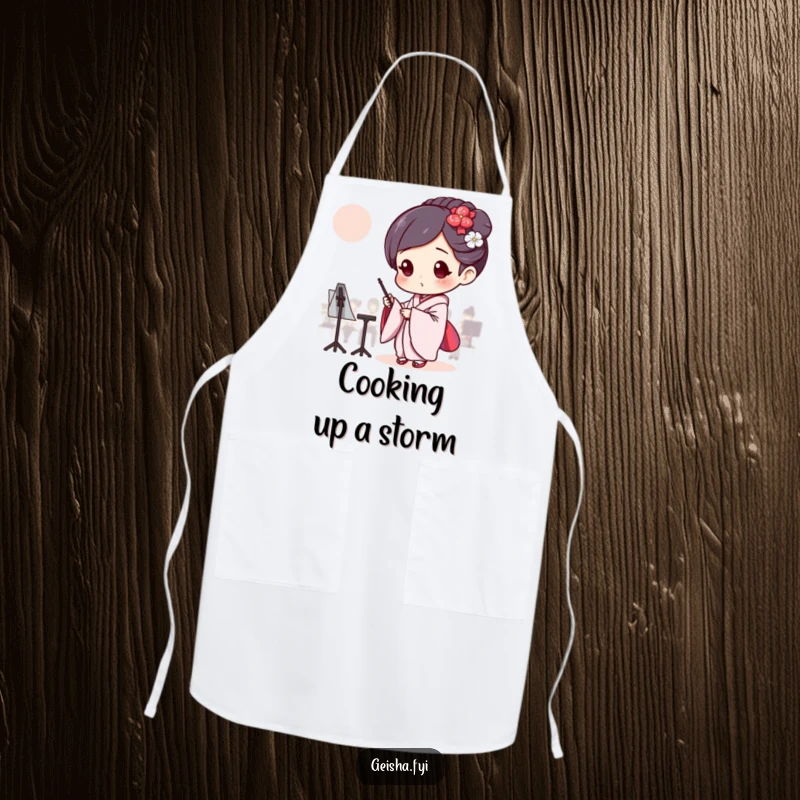 Funny Geisha conducting an invisible orchestra, humorous apron for cooking.