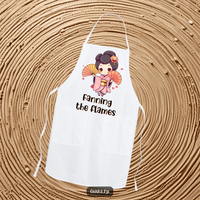 Funny Geisha Apron: Cute character with rosy cheeks joyfully throws a colorful fan, a humorous and practical kitchen accessory.