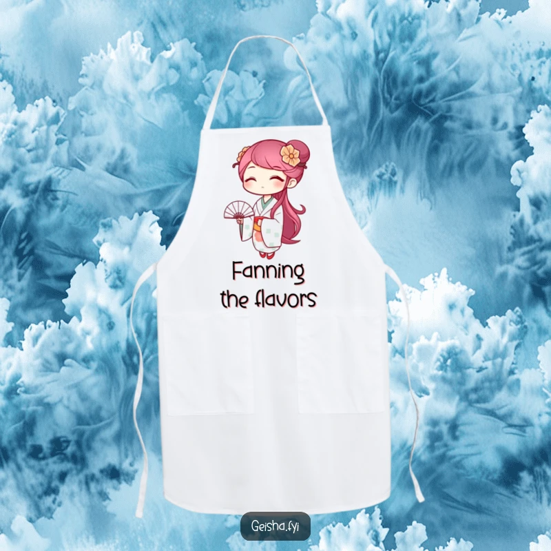 Funny geisha apron showing a winking character holding a patterned fan, a humorous and functional kitchen accessory.