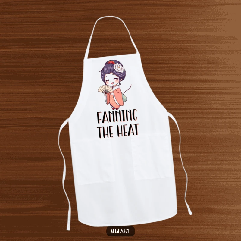 Funny geisha apron with a woman with a delighted expression holding an elegant fan, blending kitchen practicality with graceful joy.