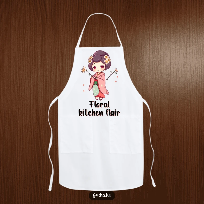 Funny geisha apron with a woman in a whimsical pose holding a flower, blending kitchen practicality with artistic and playful design.