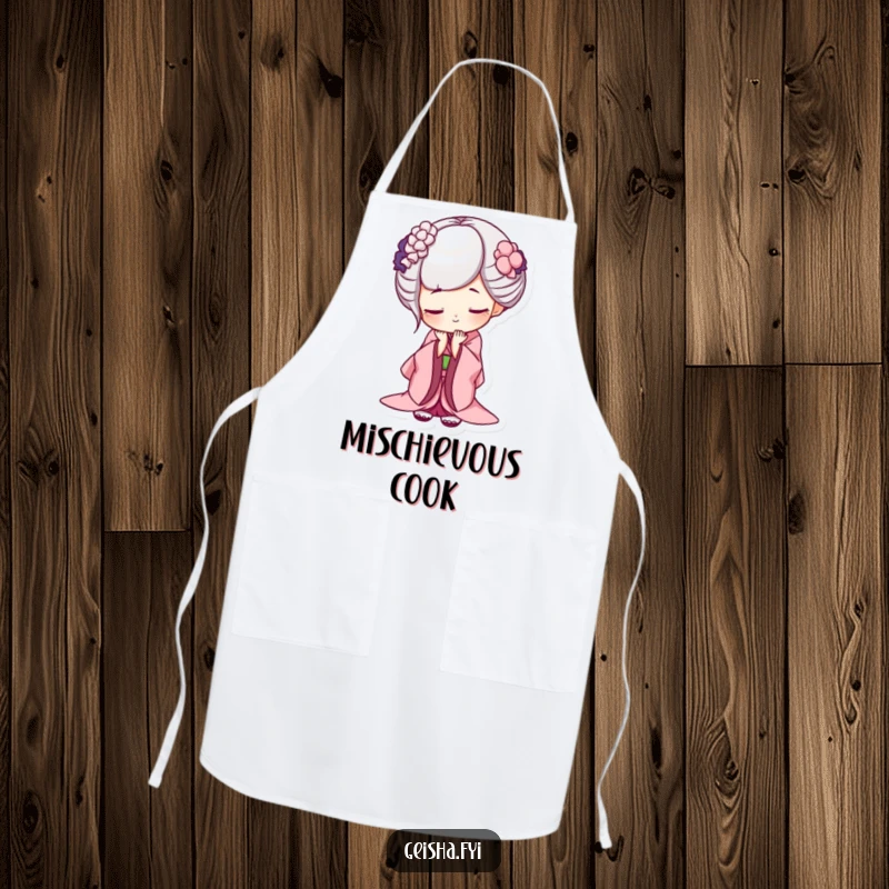 Funny geisha apron, polite chef with a mischievous grin, perfect for kitchen humor and a funny gift.