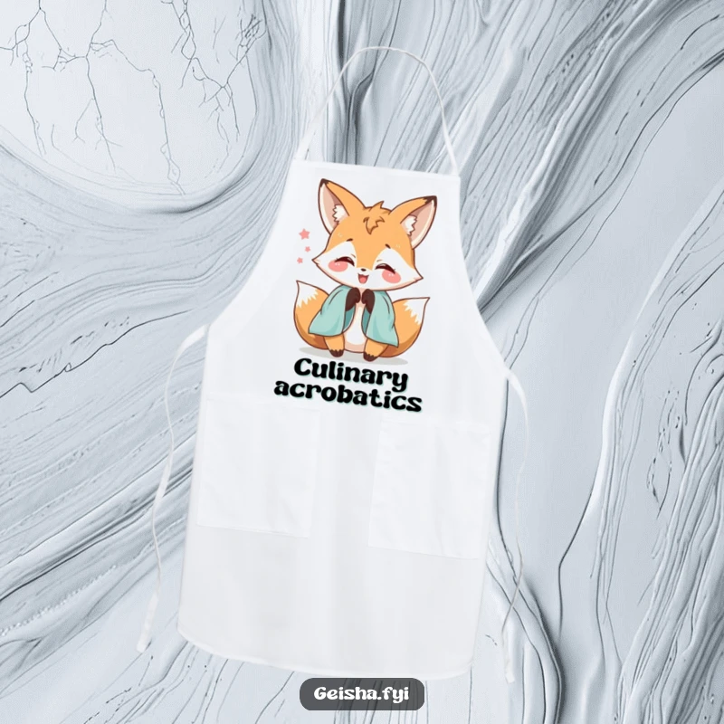 Funny delighted fox character apron playfully fumbling with silk sleeves, adding humor and whimsical elegance to cooking.