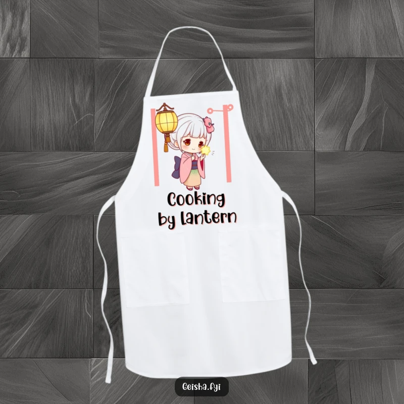 Funny geisha apron showing a curious geisha captivated by a glowing lantern, a humorous and practical kitchen accessory.