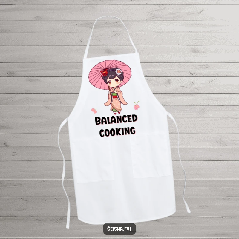 Funny kitchen apron with an elegant geisha character playfully balancing a parasol, adding refined charm to cooking.
