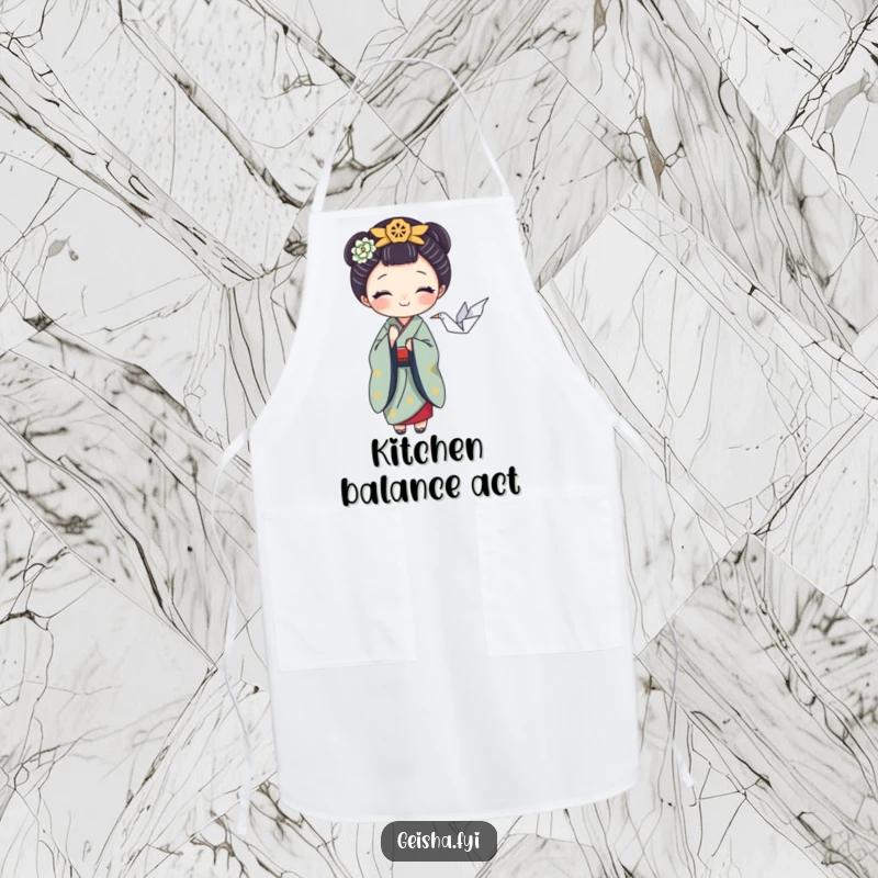 Funny apron with a playful geisha character balancing a tiny origami crane, perfect for kitchen creativity and as a humorous gift.