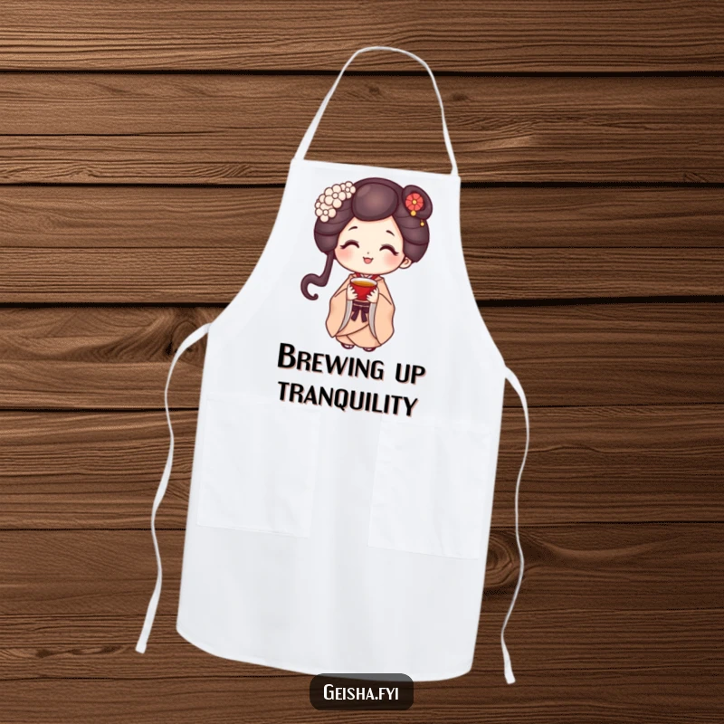 Funny geisha character smiling sweetly while wearing an apron and offering a tiny cup of tea, ready to cook.
