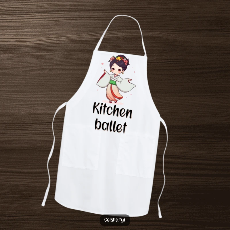 Funny Geisha Apron: Joyful character dances with flowing sleeves, a humorous and practical kitchen accessory.
