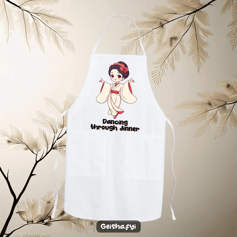 Funny geisha dancing with flowing sleeves apron, kitchen wear, elegant and humorous, ideal funny gift.