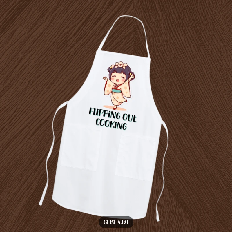 Funny geisha doll apron showing character doing a cartwheel with a delighted expression. Playful, humorous kitchen attire.