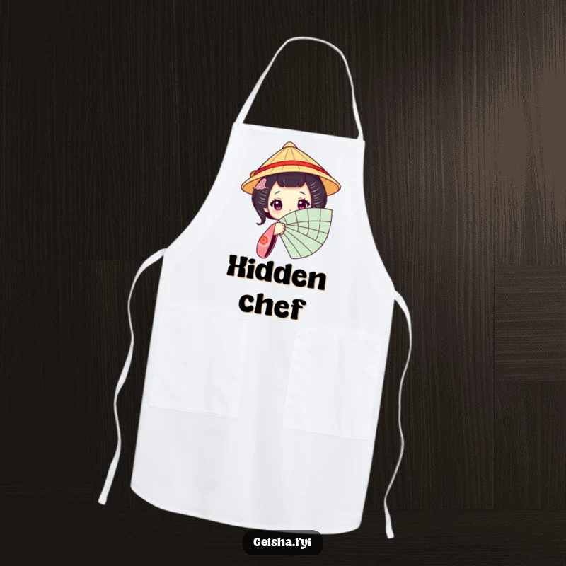 Funny Geisha Fan Apron: An apron depicting a geisha character in a traditional hat peeking from behind a fan.