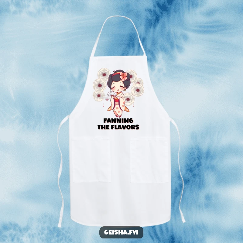 Funny geisha apron showing a joyful geisha fanning herself with many fans, ideal for kitchen protection and humor.