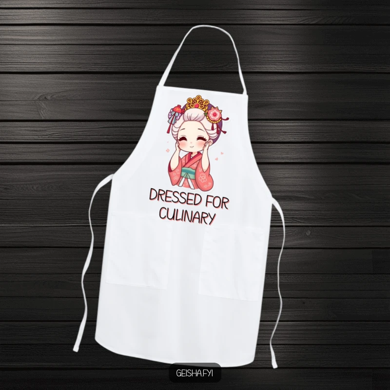Funny geisha adjusting ornate hair accessory with a smile apron, kitchen wear, stylish and humorous, ideal funny gift.