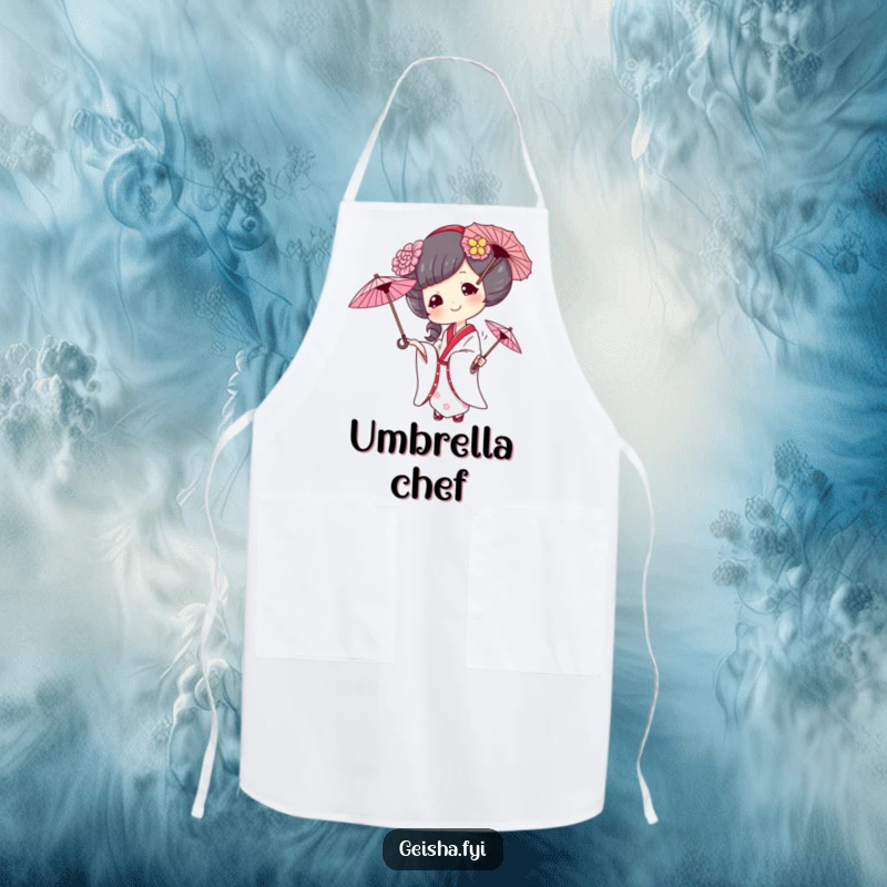 Funny geisha apron, a mischievous geisha juggles three umbrellas while cooking, adding humor to kitchen tasks.