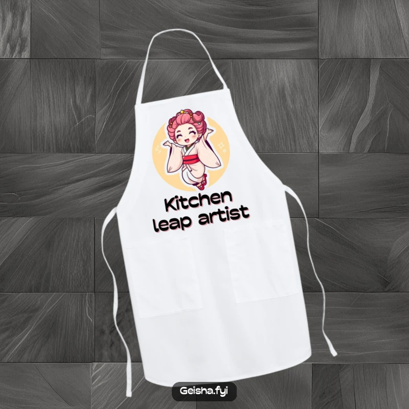 Funny Geisha Jump Apron: a graceful character performing an energetic jump with a flourish, perfect for lively kitchen tasks.