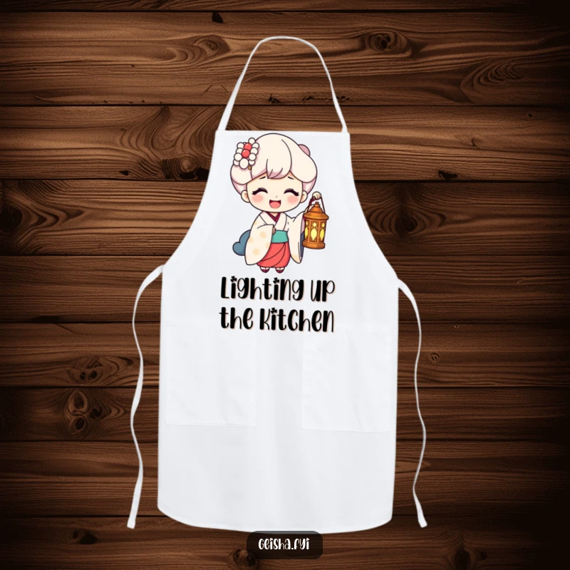 Funny Apron: A geisha holds a lantern, brightly illuminating a face caught in a moment of pure, infectious laughter.