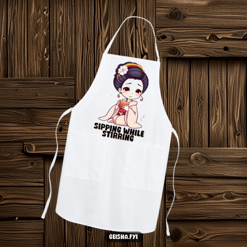 Funny Geisha Apron: Elegant character delicately sips tea, a humorous and practical kitchen accessory.