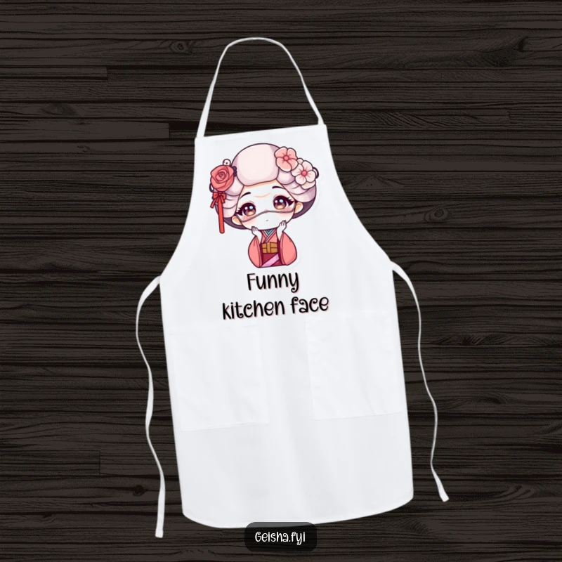 Funny geisha apron showing a geisha making a funny face with a delicate mask, perfect for kitchen protection and humor.