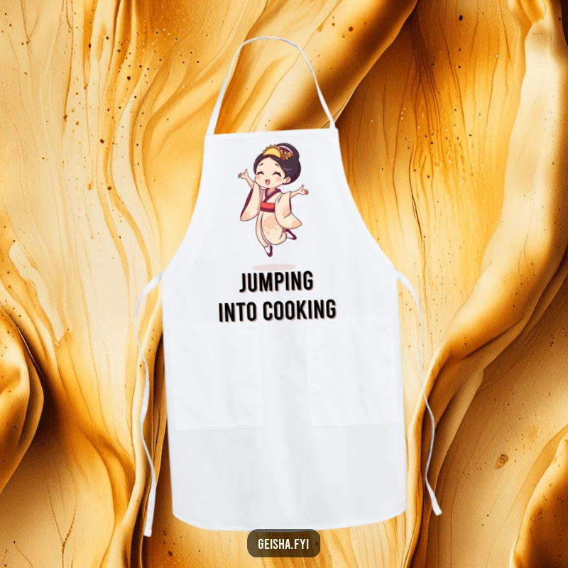 Funny geisha apron with a woman in a tiny, joyful leap, blending kitchen practicality with energetic and cheerful design.