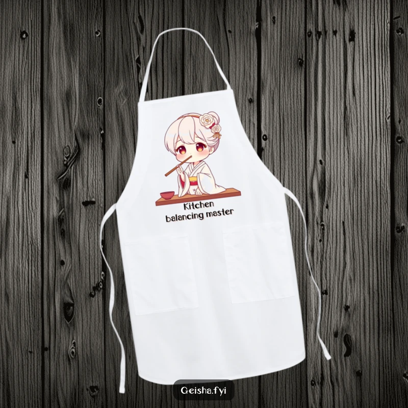 Funny geisha apron showing a geisha balancing chopsticks on her nose, ideal for kitchen protection with a touch of humor.