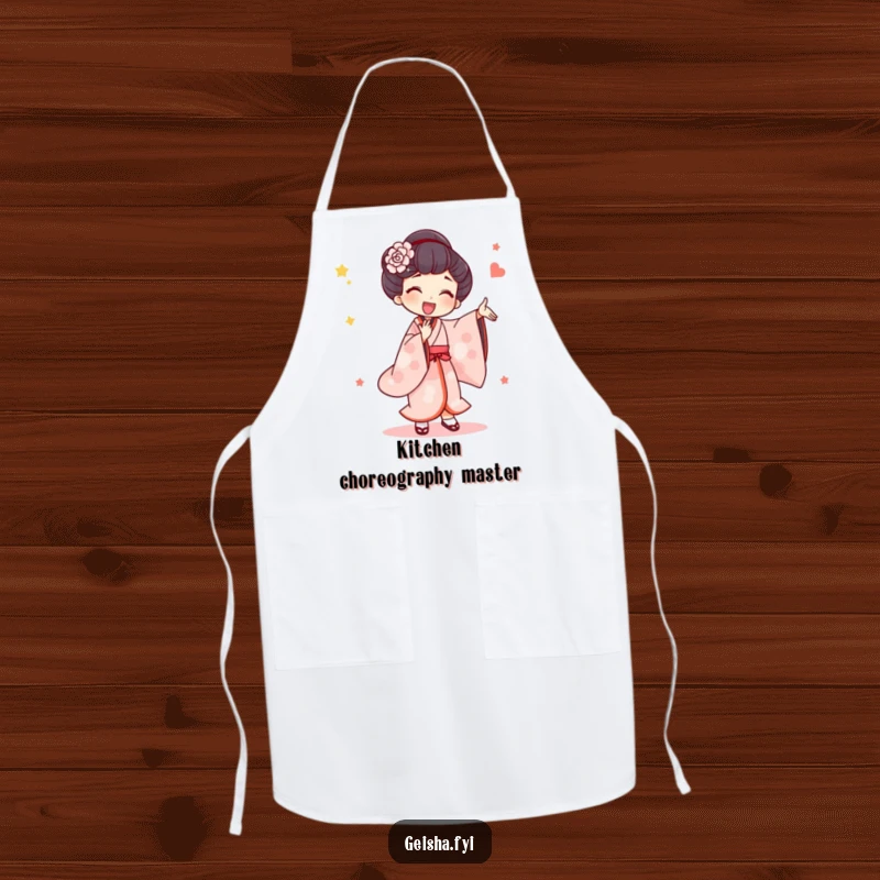 Funny Apron: A geisha character performs an exaggerated silly dance, bringing artistic flair and joyful energy to your cooking adventures.