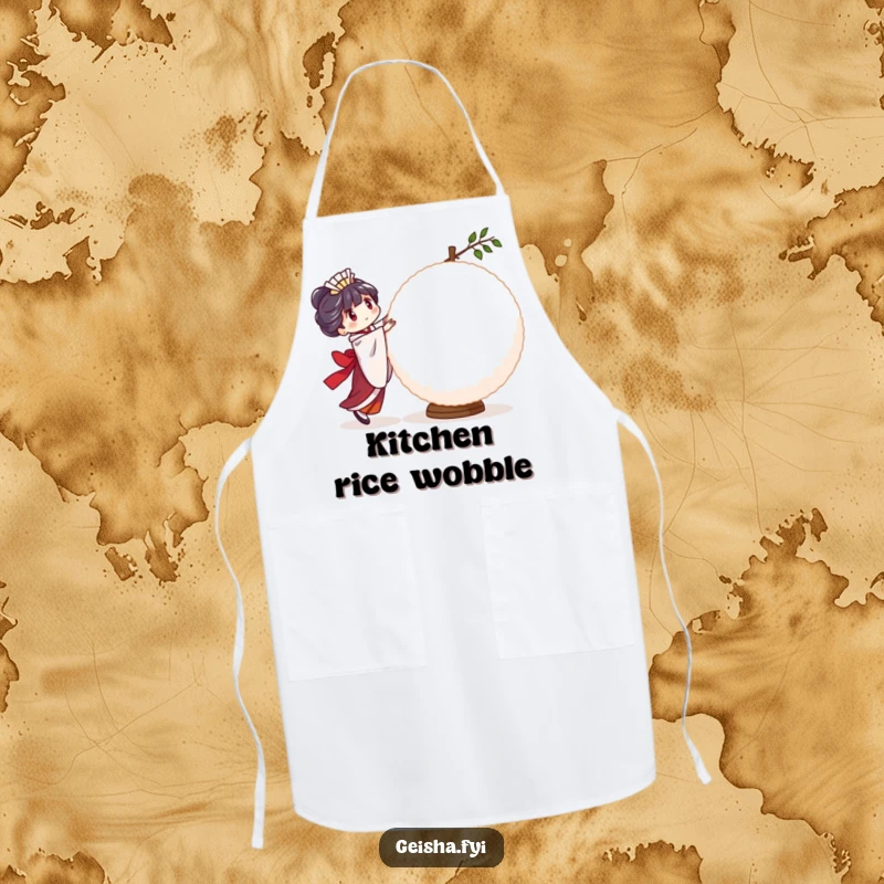 Funny Geisha Rice Ball Apron: a character humorously attempting to balance a large, wobbly rice ball, perfect for kitchen challenges.
