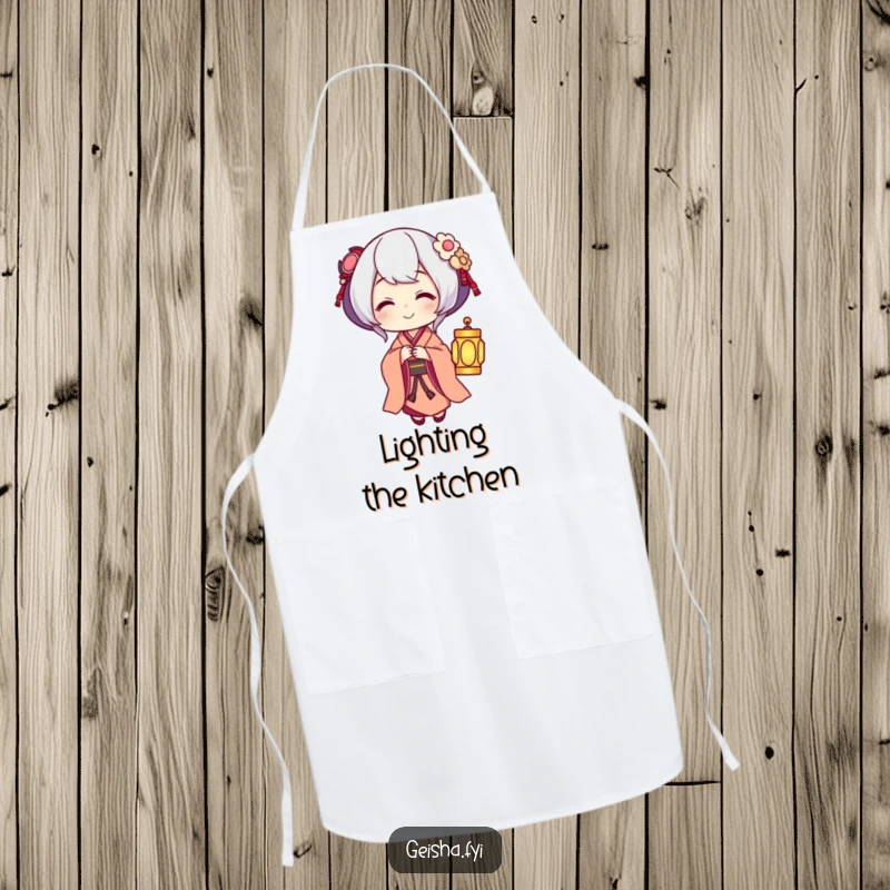 Funny Geisha offering a small glowing lantern with a warm smile, humorous apron.