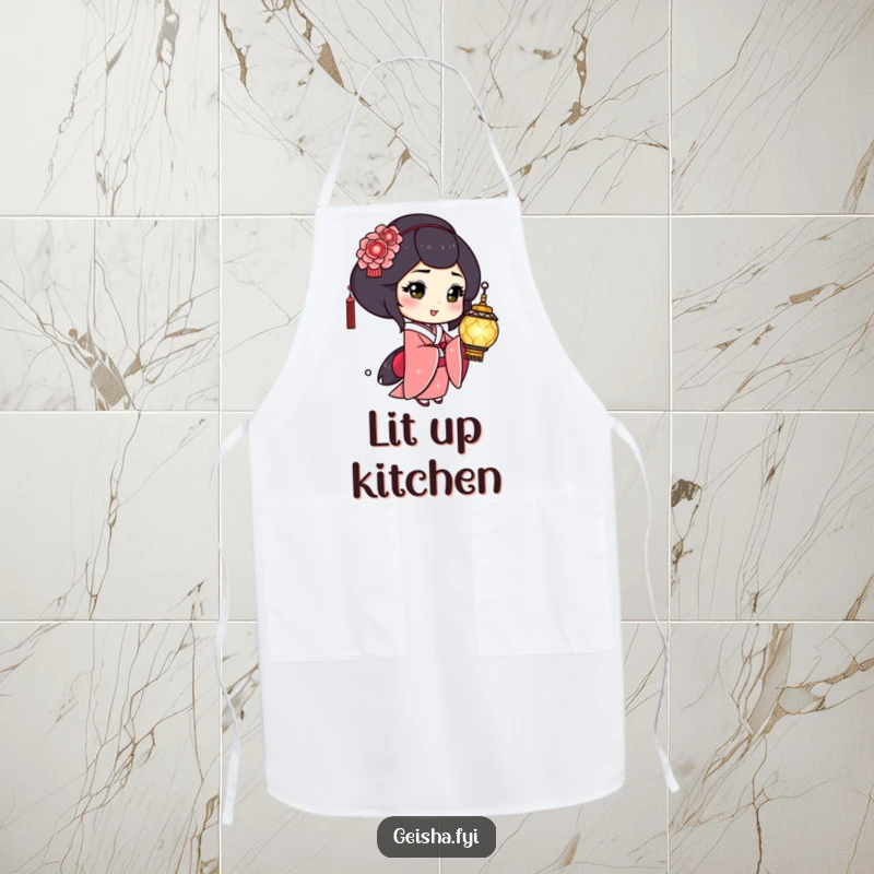 Funny Geisha Apron: Playful character winks holding a shimmering lantern, a humorous and practical kitchen accessory.