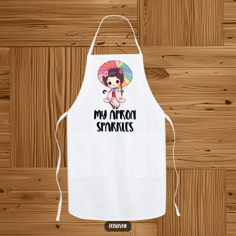 Funny Geisha Apron: A stylish geisha character spins a colorful parasol, ready for kitchen magic.