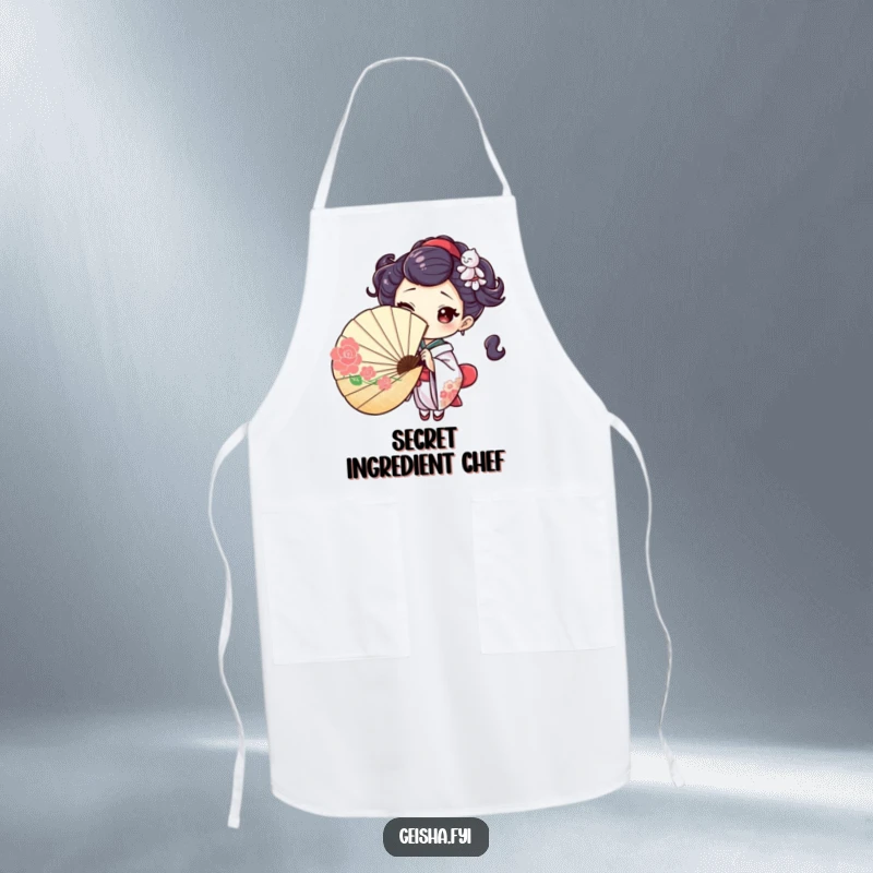 Playful apron featuring a geisha character winking coyly while peeking from behind a fan, ready to add a touch of mystery to cooking.