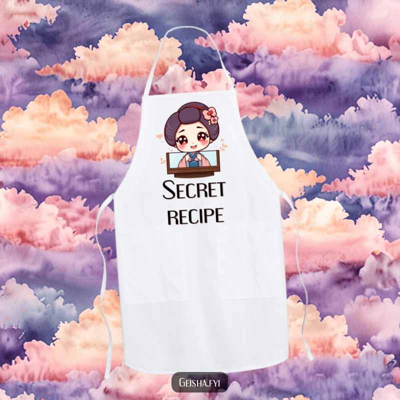 Funny apron depicting a giggling geisha with big eyes peeking from behind a screen, perfect for charming kitchen tasks.