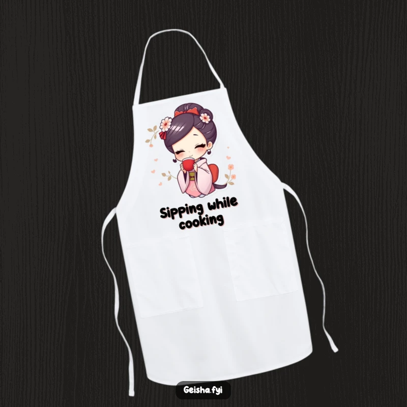 Funny apron with a cute geisha character smiling and elegantly sipping tea, perfect for graceful cooking.