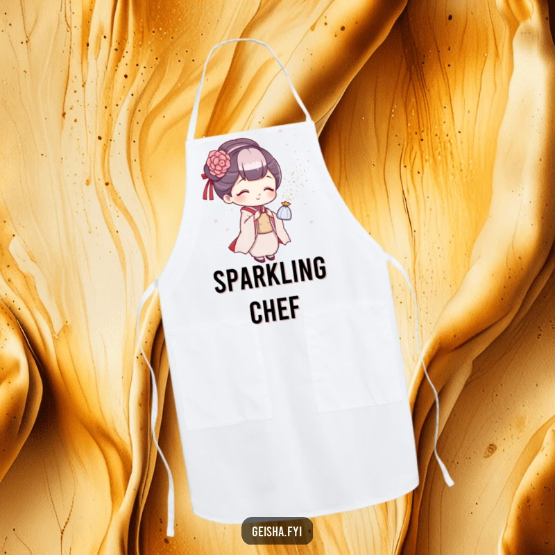 Funny geisha apron, playful chef assistant sprinkling glitter, ideal for kitchen sparkle and a funny gift.