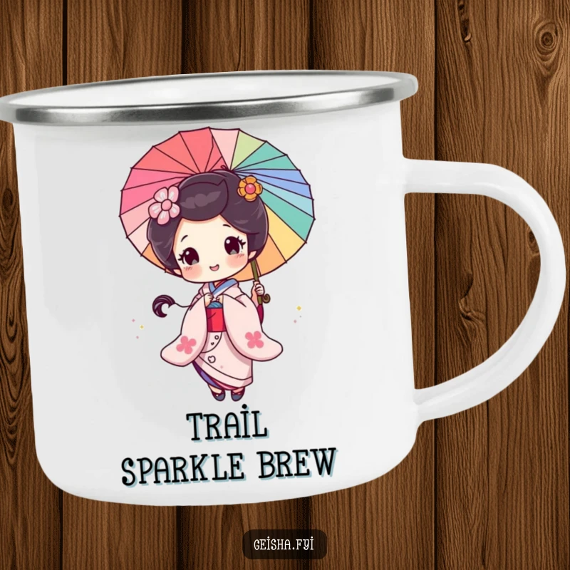 Funny Geisha Camping Mug: A geisha character spins a glittery parasol, ideal for outdoor beverages.