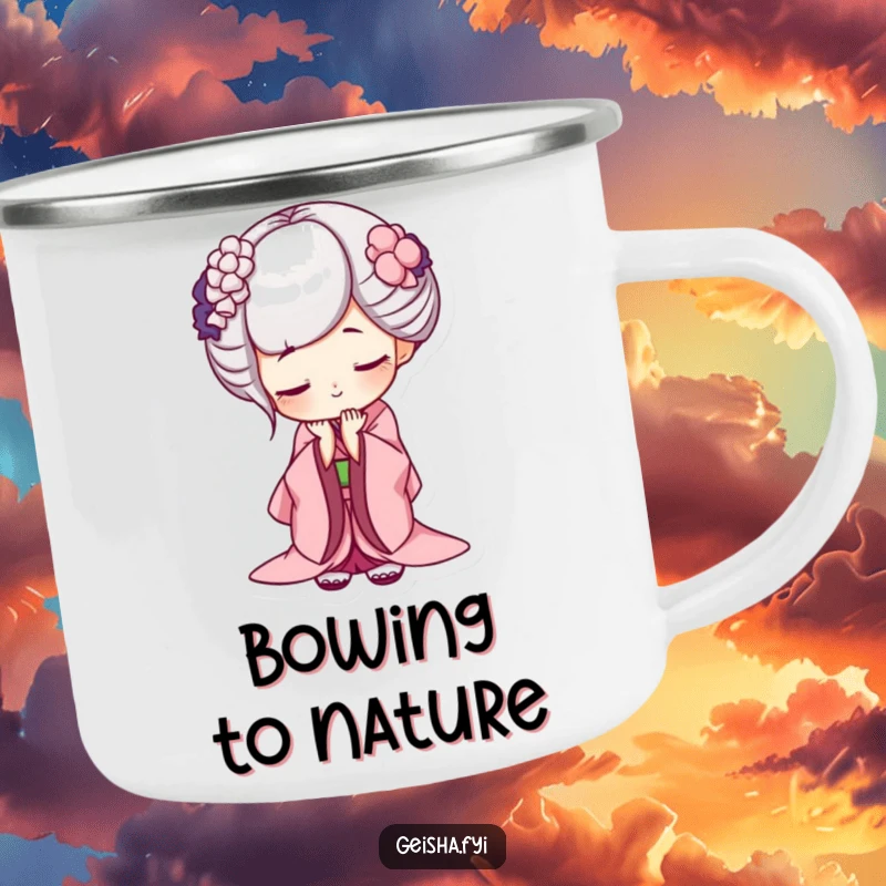 Funny geisha camping mug, durable design with a character bowing deeply with a mischievous grin, ideal for outdoor cheekiness.