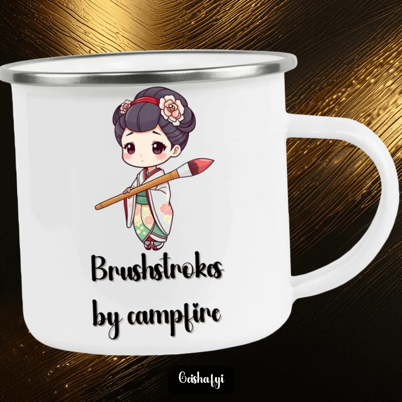 Funny geisha character humorously holding a large paintbrush mid-stroke on this durable camping mug.