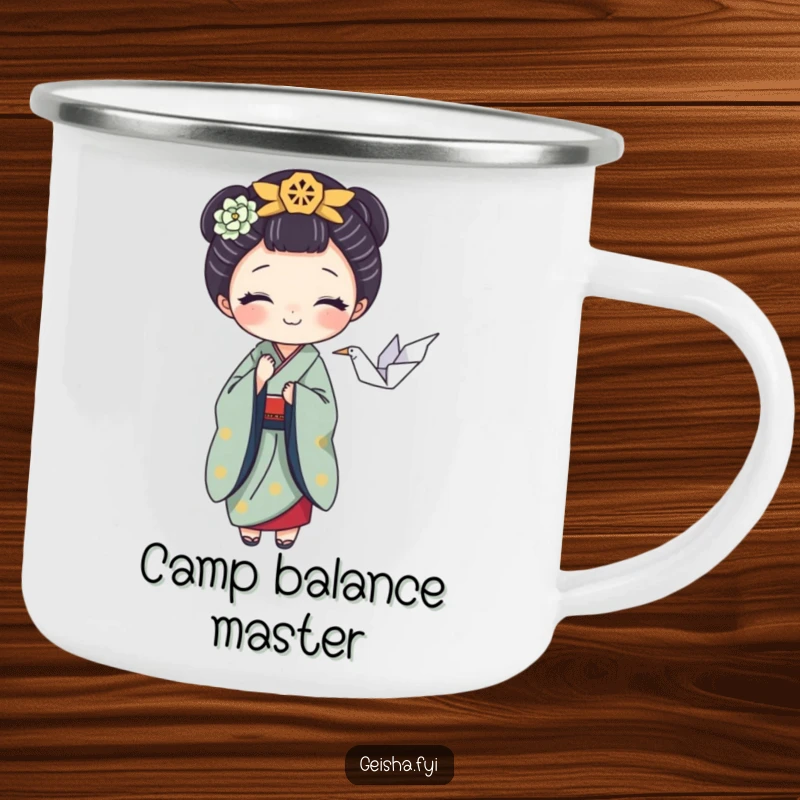 Funny camping mug with a playful geisha balancing an origami crane, perfect for outdoor art appreciation and as a humorous gift.
