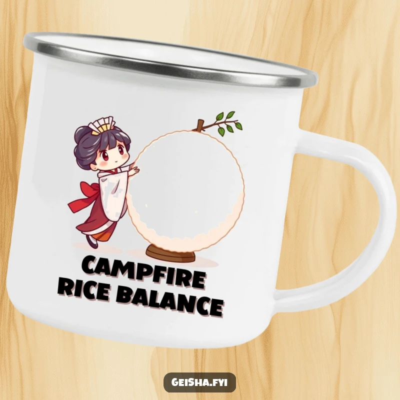 Funny Geisha Rice Ball Camping Mug: a character trying to balance a large, wobbly rice ball, perfect for outdoor fun.
