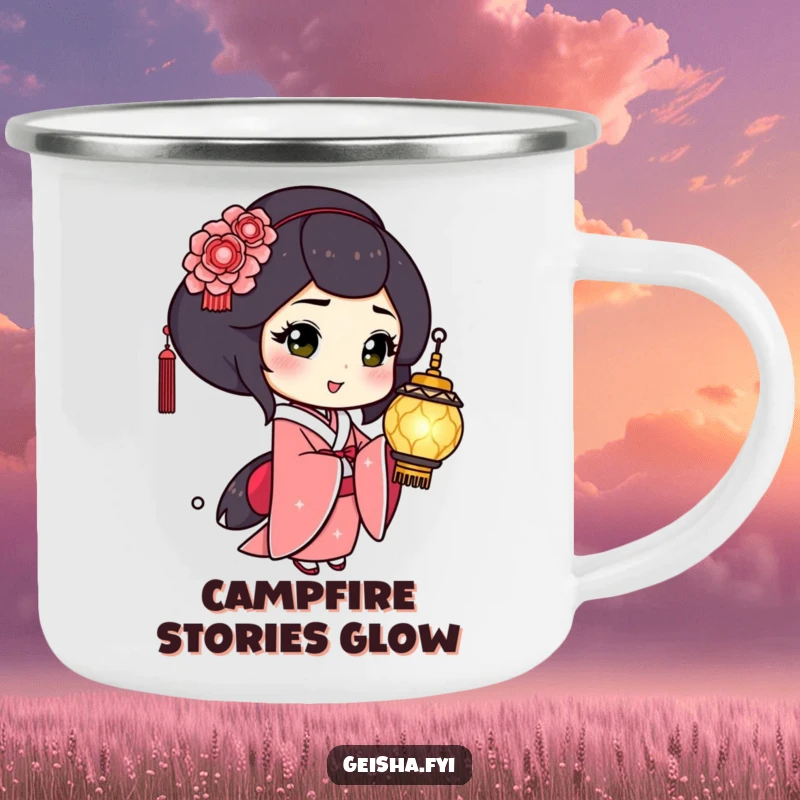 Funny Geisha Camping Mug: Playful character winks holding a shimmering lantern, perfect for humorous nighttime adventures.