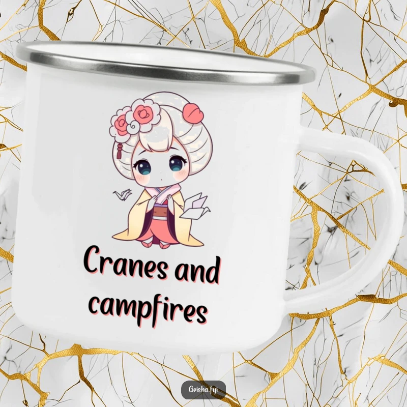 Funny geisha camping mug featuring a geisha character in humorous shock at a small, cute origami crane, perfect for outdoor enthusiasts.