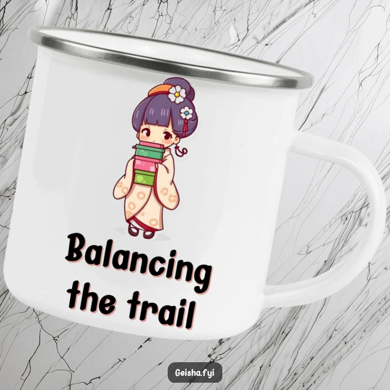 Funny geisha camping mug, durable design with a character balancing colorful boxes gracefully, ideal for outdoor whimsy.