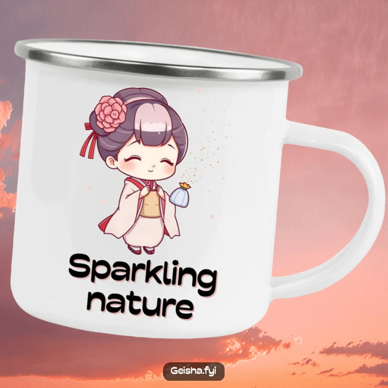 Funny geisha camping mug, durable and playful design with a character sprinkling glitter, ideal for outdoor sparkle.