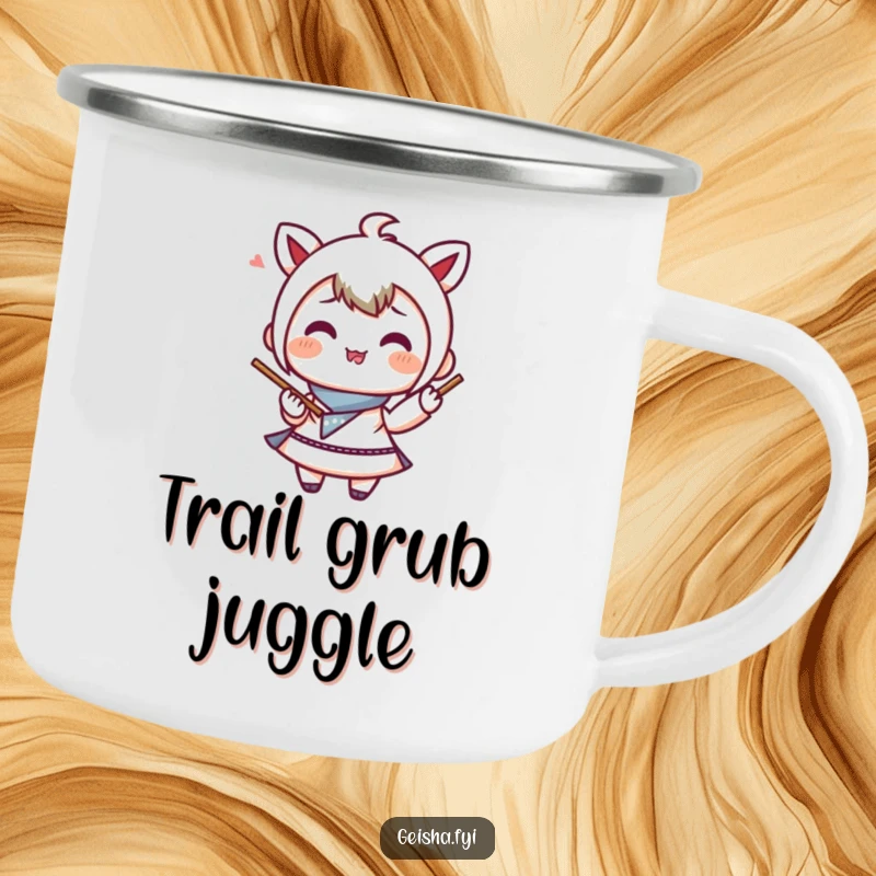 Funny Camping Mug: A sturdy mug showing a joyful bento box character juggling chopsticks, perfect for enjoying meals outdoors with culinary flair.
