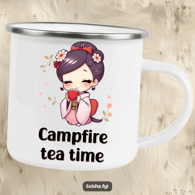 Funny camping mug with a cute geisha character smiling while sipping tea, perfect for peaceful outdoor moments.
