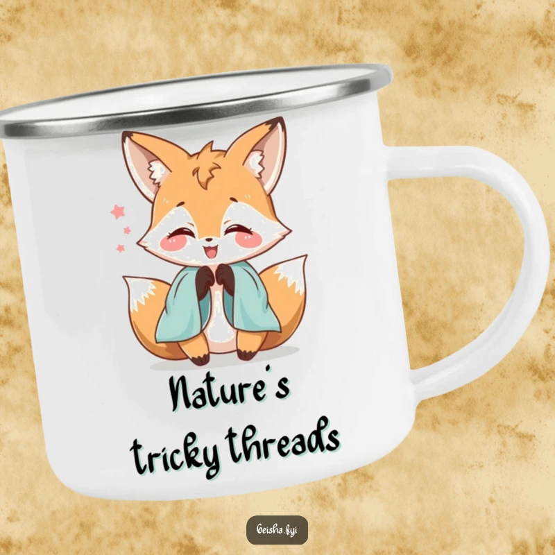 Funny delighted fox character camping mug playfully fumbling with silk sleeves, durable and charming for outdoor excursions.