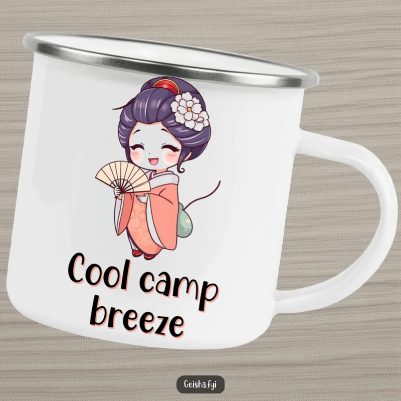 Funny geisha camping mug featuring a character with a delighted expression holding an elegant fan, ideal for outdoor activities with refined style.
