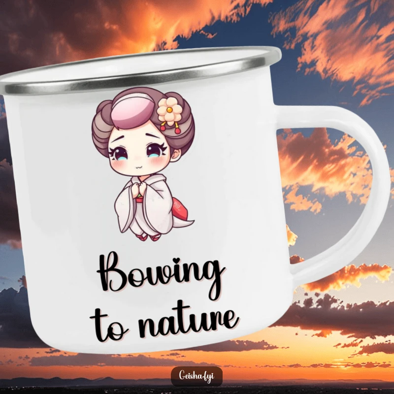 Funny Geisha Bowing Camping Mug: A camping mug with a geisha character with delicate makeup bowing cheerfully.