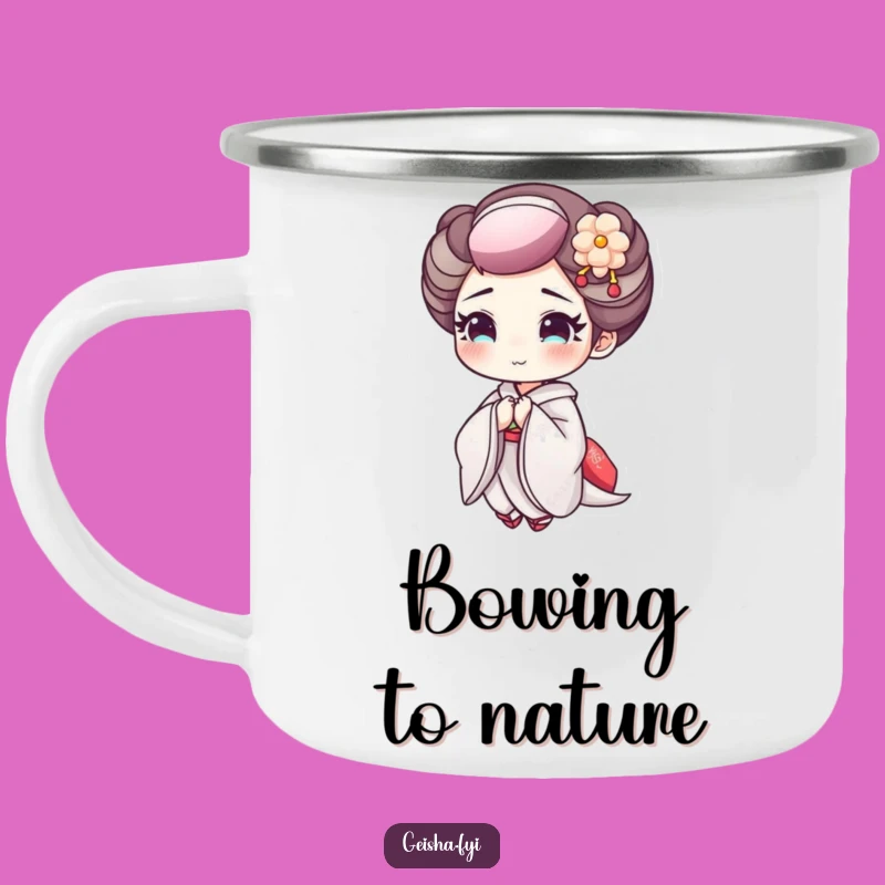 Funny Geisha Bowing Camping Mug: Enjoy Outdoors with a Cheerful, Delicate Makeup Character